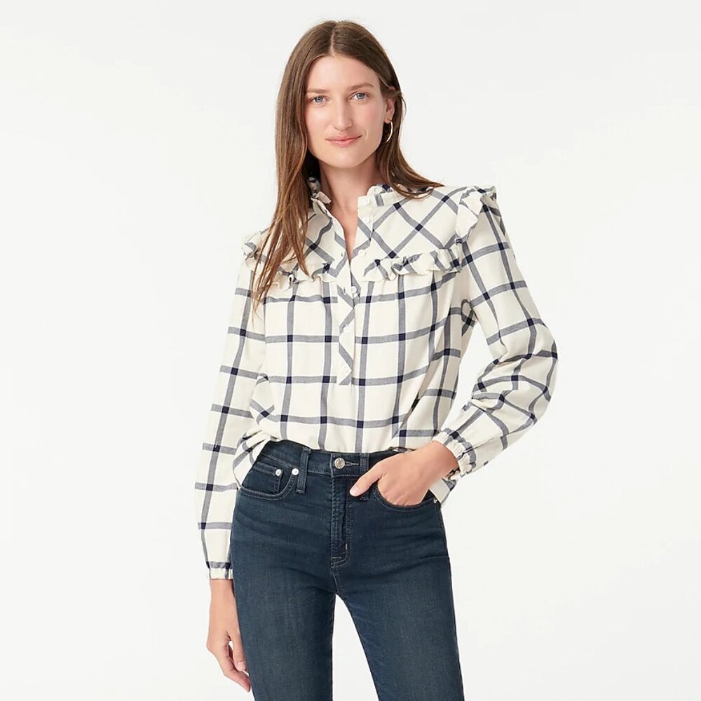 J Crew Ruffle Popover Flannel Top